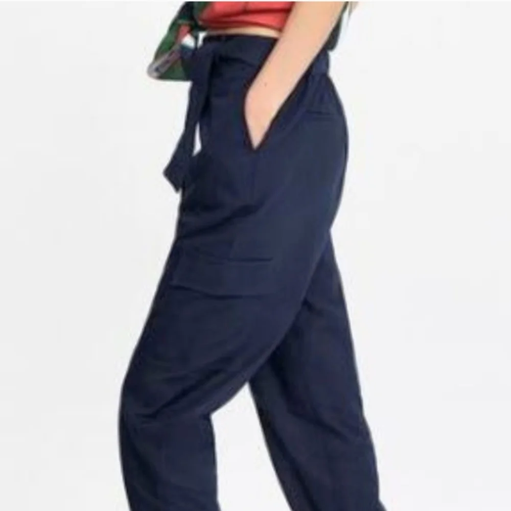 Zara Navy Blue Linen Roll-Up Cargo Pants XS Cropped High Rise Tie Belt Women's